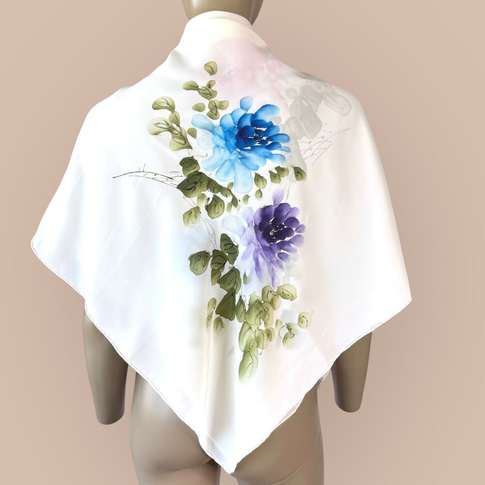 Pure 100% Silk Scarf Floral Hand Paint Chiffon Shawl Wrap Kerchief Bandana Cream